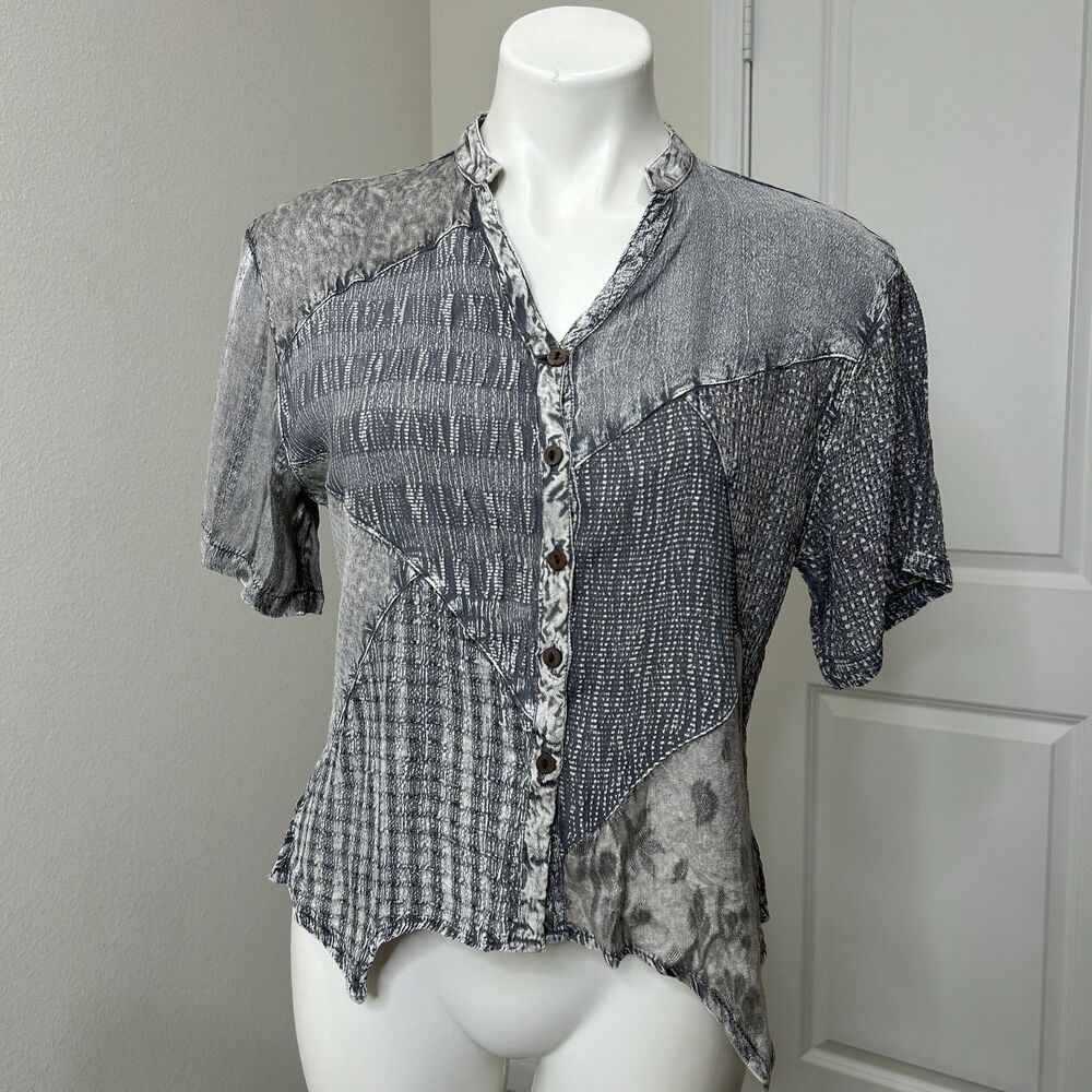Sacred Threads Patchwork Button Up Shirt Grey Acid Wash Rayon Blouse Medium Boho